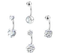 ZS 4Pcs Cubic Zircon Belly Button Ring Belly Button Piercing, 14G Stainless Steel Belly Ring Navel Ring, Long Bar Navel Barbell Stud Navel Piercing Jewelry for Women (Sliver, White CZ,L:10mm)