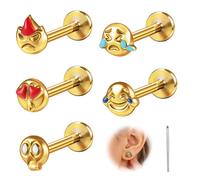 ZS 5Pcs 16G Internal Thread Lip Ring Stud Labret Lip Piercing, 361L Stainless Steel Flat Back Stud, Funny Emoji Face Cartilage Earrings for Women Men, Gold Silver Helix Earrings, 6mm, Stainless Steel