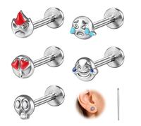 ZS 5Pcs 16G Internal Threaded Labret Studs Stainless Steel, Flat Back Earrings for Women Men, Cute Emoji Smiley Face Skull Heart Tragus Helix Cartilage Piercing Jewellery (Silver,8mm)
