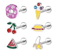 ZS 6Pcs 16G Fruit Labret Piercing Jewellery Stainless Steel Internally Threaded Tragus Stud Flat Back Earrings Lip Bar Tragus Helix Cartilage Conch Nose Piercing 6/8MM (SetB,16g,L:8mm)