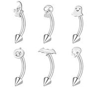 ZS 6Pcs 16G Skull Stainless Steel Eyebrow Piercing, Halloween Eyebrow Rings Spiderweb Pumpkin Belly Rings Bat Rook Earrings Internally Threaded Curved Barbell for Women (Silver, L:8mm)