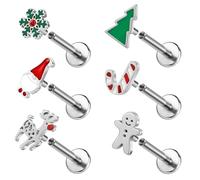 ZS 6Pcs 16G Stainless Steel Lip Piercing Jewelry, Christmas Tree Labret Lip Rings Elk Santa Claus Ashley Piercing Lip Jewelry for Holiday Helix Conch Tragus Earrings Flat Back (SetA,8mm)