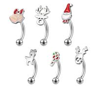 ZS 6Pcs Christmas Rook Piercing Jewelry, 16G Stainless Steel Eyebrow Piercing Jewelry, Santa Claus Elk Bell Eyebrow Rings, Curved Barbells Daith Rook Earrings for Women Men, L:6mm, Stainless Steel, no