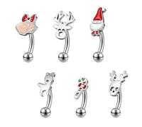 ZS 6Pcs Christmas Rook Piercing Jewelry, 16G Stainless Steel Eyebrow Piercing Jewelry, Santa Claus Elk Bell Eyebrow Rings, Curved Barbells Daith Rook Earrings for Women Men (L:6mm)