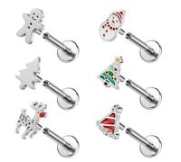 ZS 6Pcs Christmas Tree Lip Stud, 16G Stainless Steel Labret Lip Piercing Flat Back Elk Lip Jewelry Santa Claus Apples Snowflake Snowman Stud Earrings Holiday Earrings for Women Men (SetB,L:8mm)
