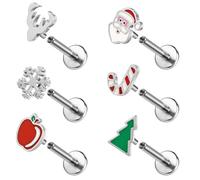 ZS 6Pcs Christmas Tree Lip Stud, 16G Stainless Steel Labret Lip Piercing Flat Back Elk Lip Jewelry Santa Claus Apples Snowflake Snowman Stud Earrings Holiday Earrings for Women Men (SetA,L:8mm)