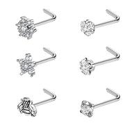 ZS 6Pcs CZ Nose Rings Studs - 20G Corkscrew Nose Stud, L Shaped Nose Rings for Women, Surgical Steel Nose Piercing Flower Nostril Jewelry (L shaped nose rings)