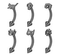 ZS 6Pcs Halloween Eyebrow Rings, 16G Skull Stainless Steel Eyebrow Piercing, Spiderweb Pumpkin Belly Rings Bat Rook Earrings Internally Threaded Curved Barbell for Women (Black, L:8mm)