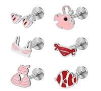 ZS 6Pcs Summer Beach Lip Labret Piercing Set - 16G Hypoallergenic Stainless Steel Conch Helix Cartilage Earrings for Women, Bikini Fish Tropical Internal Threaded Flat Piercing Jewelry (8mm)