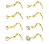 ZS 8Pcs 1.5mm 2mm 2.5mm 3mm Nose Rings, 20G Stainless Steel Nose Stud l Shape Corkscrew Round Diamond CZ Nose Piercings Jewellery (Gold，Corkscrew)
