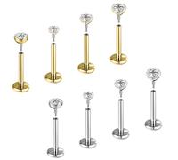 ZS 8Pcs 16G/18G/20G Stainless Steel Labret Lip Stud, Long Internally Thread Ashely Medusa Jewelry Flat Back Earrings Studs CZ Tragus Helix Nose Piercing Silver Gold, L:6mm, Stainless Steel, cubic