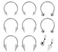 ZS 8Pcs 16G/18G Spike Nose Septum Rings, Stainless Steel Internally Threaded Horseshoe Circular Barbell Piercing Jewellry for Nose Lip Tragus Cartilage Helix Daith (16g,10mm)