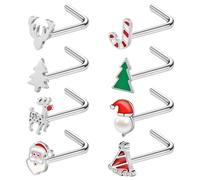ZS 8Pcs Santa Claus Corkscrew Nose Rings Studs, 20G Stainless Steel Corkscrew Nose Stud, Christmas Trees Nose Screw Bone Nose Piercing L-shaped Nose Jewelry for Women Men (SetA,L-shape)