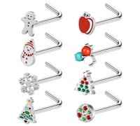 ZS 8Pcs Santa Claus Corkscrew Nose Rings Studs, 20G Stainless Steel Corkscrew Nose Stud, Christmas Trees Nose Screw Bone Nose Piercing L-shaped Nose Jewelry for Women Men (SetB,L-shape)