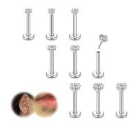 ZS 9Pcs 16G/18G/20G Threadless Push in Lip Labret Nose Studs, Stainless Steel Piercing Jewelry for Conch Medusa Piercing, CZ Forward Helix Tragus Earring for Women Men, 16g,L:7mm, Stainless Steel