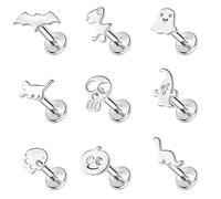 ZS 9Pcs 16G Halloween Lip Labret Studs, Stainless Steel Internally Threaded Jewelry for Conch Medusa Piercing, Black Bat Skull Ghost Forward Helix Tragus Earring for Women Men, L:8mm, Stainless Steel