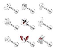 ZS 9Pcs 16G Stainless Steel Labret Lip Piercing, Internally Threaded Lip Rings, Halloween Bat Ghost Skull Monroe Medusa Piercing Jewelry Flat Back Conch Tragus Earrings for Women Men (B:Silver;8mm)