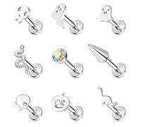 ZS 9Pcs Internally Threaded Labret Lip Piercing, 16G Stainless Steel Lip Rings Stud, Halloween Bat Spike Medusa Jewelry Skull Monroe Piercing Flat Back Stud Earrings for Women Men (Silver, L:6mm)