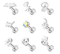 ZS 9Pcs Stainless Steel Lip Rings Stud, 16G Internally Threaded Labret Lip Piercing, Halloween Bat Spike Medusa Jewelry Skull Monroe Piercing Flat Back Stud Earrings for Women Men (Sliver, L:8mm)