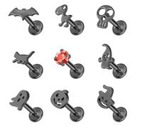 ZS 9Pcs Stainless Steel Lip Rings Stud, 16G Internally Threaded Labret Lip Piercing, Halloween Bat Spike Medusa Jewelry Skull Monroe Piercing Flat Back Stud Earrings for Women Men (Black, L:8mm)