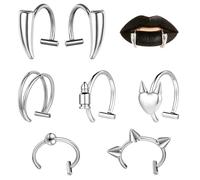 ZS Fake Lip Piercing Jewellery 10mm Stainless Steel Labret Ring Hoop for Bottom Lip Adjustable Vampire Teeth Ring Kit Faux Piercings Jewelry Non-Piercing Jewellery for Women Men (Silver)