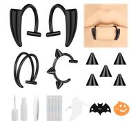 ZS Stainless Steel Vampire Teeth Ring, Non-Piercing Lip Cuff Jewelry, Halloween C-shape Fake Lip Ring, Adjustable Monroe Jewelry Clip On Ear Helix Cartilage Earring For Women Men (Black)