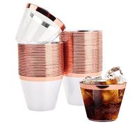 Zsanhua 50PCS Plastic Cups with Rose Gold Rim | 9oz 270ml Disposable Wine Cups Stack-able Reusable Wine Glasses Elegant Party Cups for Champagne Beer Cocktail Martini Soda Dessert