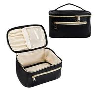 Zsanhua Cosmetic Bag Portable Travel Makeup Bag Large Makeup Organiser Bag with Handle, Brush Compartment, Multi Pockets and 6 Stretch Slots PU Leather Toiletry Bag Wash Bag for Ladies (Black)