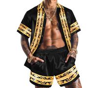 ZSJR Men Hawaiian Shirt Sets Satin Silk Casual Button Down Shirts 2 Piece Luxury Summer Beach Outfits, Black, Large