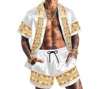 ZSJR Men Hawaiian Shirt Sets Satin Silk Casual Button Down Shirts 2 Piece Luxury Summer Beach Outfits, White, Large