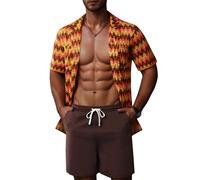 ZSJR Mens 2 Pieces Outfits Summer Beach Set Tracksuit See Through Sheer Hollow Out Short Sleeve Lace Shirts and Shorts Sets, Brown, L