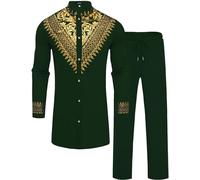 ZSJR Mens African 2 Piece Set Metallic Traditional Suit Gold Stamp Printed African Dashiki Shirt and Pants Outfit, Dark Green, Large
