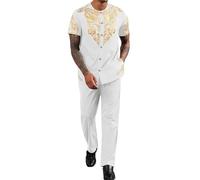 ZSJR Mens African 2 Piece Set Nigerian Dashiki Metallic Short Sleeve Suit Gold Stamp Printed Shirt and Pants Outfit, White, L