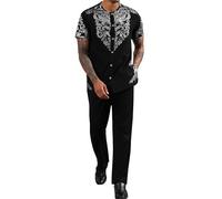 ZSJR Mens African 2 Piece Set Nigerian Dashiki Metallic Short Sleeve Suit Gold Stamp Printed Shirt and Pants Outfit, Black Silver, XL