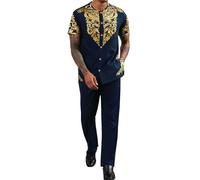 ZSJR Mens African 2 Piece Set Nigerian Dashiki Metallic Short Sleeve Suit Gold Stamp Printed Shirt and Pants Outfit, Navy Blue, S