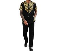 ZSJR Mens African 2 Piece Set Nigerian Dashiki Metallic Short Sleeve Suit Gold Stamp Printed Shirt and Pants Outfit, Black, XX-L