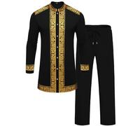ZSJR Mens African 2 Piece Set Nigerian Dashiki Metallic Traditional Suit Gold Stamp Printed Shirt and Pants Outfit, Black, XXL