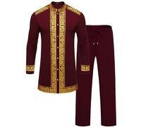 ZSJR Mens African 2 Piece Set Nigerian Dashiki Metallic Traditional Suit Gold Stamp Printed Shirt and Pants Outfit, Wine Red, S