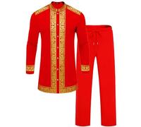 ZSJR Mens African 2 Piece Set Nigerian Dashiki Metallic Traditional Suit Gold Stamp Printed Shirt and Pants Outfit, Red, M
