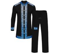 ZSJR Mens African 2 Piece Set Nigerian Dashiki Metallic Traditional Suit Gold Stamp Printed Shirt and Pants Outfit, Black Blue, Large