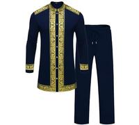 ZSJR Mens African 2 Piece Set Nigerian Dashiki Metallic Traditional Suit Gold Stamp Printed Shirt and Pants Outfit, Navy Blue, XXL