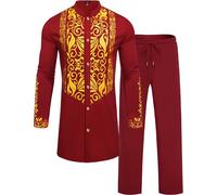 ZSJR Mens African 2 Piece Sets Dashiki Metallic Traditional Suit Gold Stamp Printed Shirt and Pants Outfit, Wine Red, XX-L