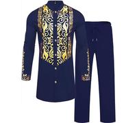 ZSJR Mens African 2 Piece Sets Dashiki Metallic Traditional Suit Gold Stamp Printed Shirt and Pants Outfit, Navy Blue, XX-L