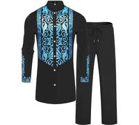 ZSJR Mens African 2 Piece Sets Dashiki Metallic Traditional Suit Gold Stamp Printed Shirt and Pants Outfit, Black Blue, Large