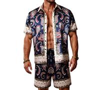 ZSJR Mens Hawaiian Shirt Sets Satin Silk Casual Button Down Shirts 2 Piece Luxury Summer Beach Outfits for Men, Navy Blue Luxury Paisley, X-Large