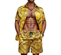 ZSJR Mens Hawaiian Shirt Sets Satin Silk Casual Button Down Shirts 2 Piece Luxury Summer Beach Outfits for Men, West Coast Gold, X-Large