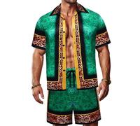 ZSJR Mens Hawaiian Shirt Sets Satin Silk Casual Button Down Shirts 2 Piece Luxury Summer Beach Outfits for Men, Gemstone Green, XL