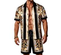 ZSJR Mens Hawaiian Shirt Sets Satin Silk Casual Button Down Shirts 2 Piece Luxury Summer Beach Outfits for Men, Baroque Gold, XXL