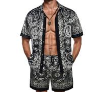 ZSJR Mens Hawaiian Shirt Sets Satin Silk Casual Button Down Shirts 2 Piece Luxury Summer Beach Outfits for Men, Black Luxury Paisley, X-Large