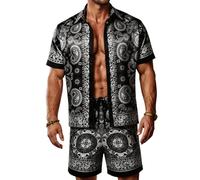 ZSJR Mens Hawaiian Shirt Sets Satin Silk Casual Button Down Shirts 2 Piece Luxury Summer Beach Outfits for Men, Black Luxury Paisley, Medium